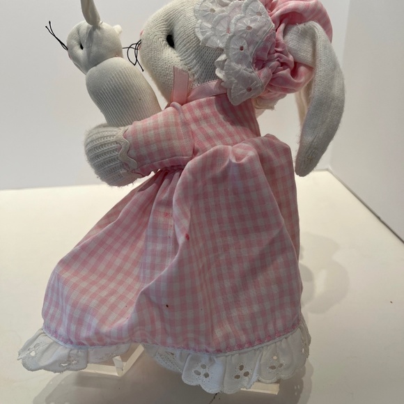 Vintage Handcrafted Socks and Pink Gingham Bunny Mommy and Baby Bunny - Picture 2 of 13